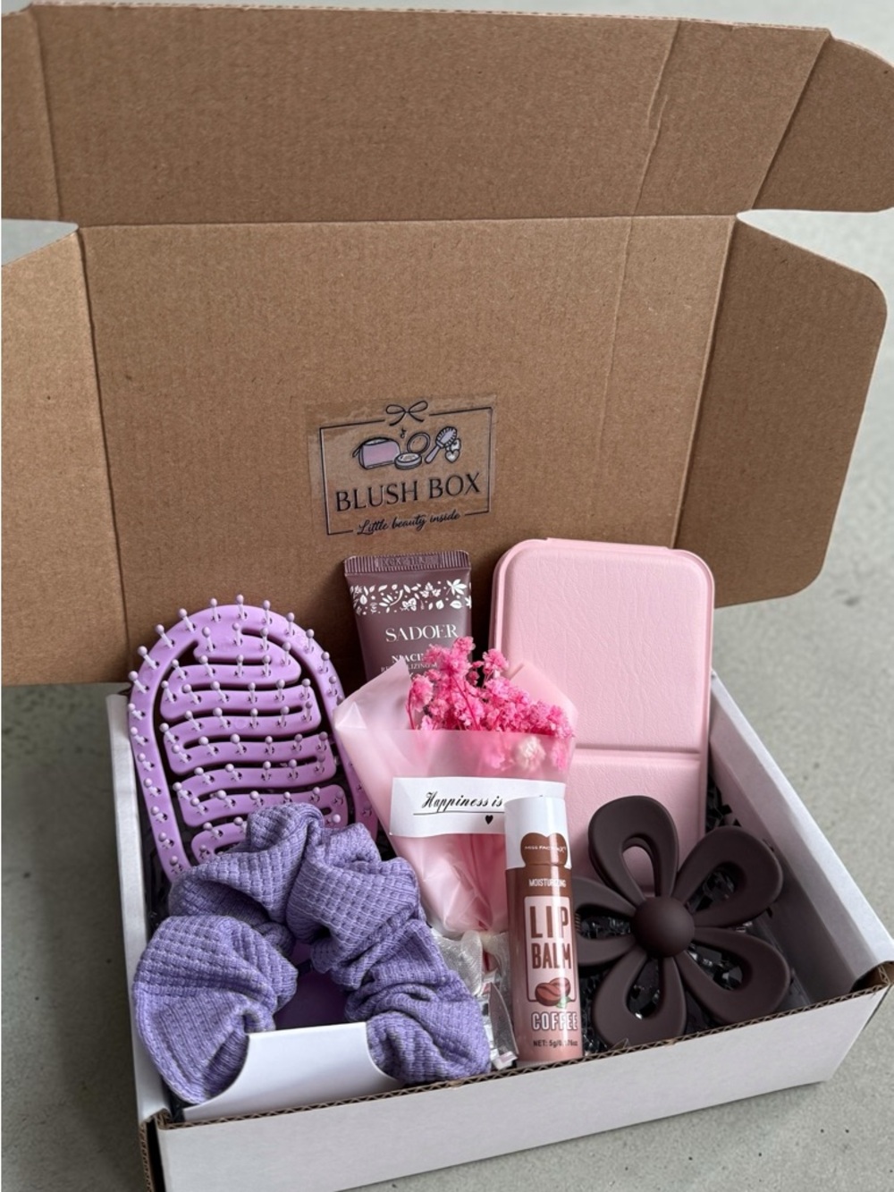 Blush Lavender & Pink Bath & Body Gift Set with Brown Flower Clip